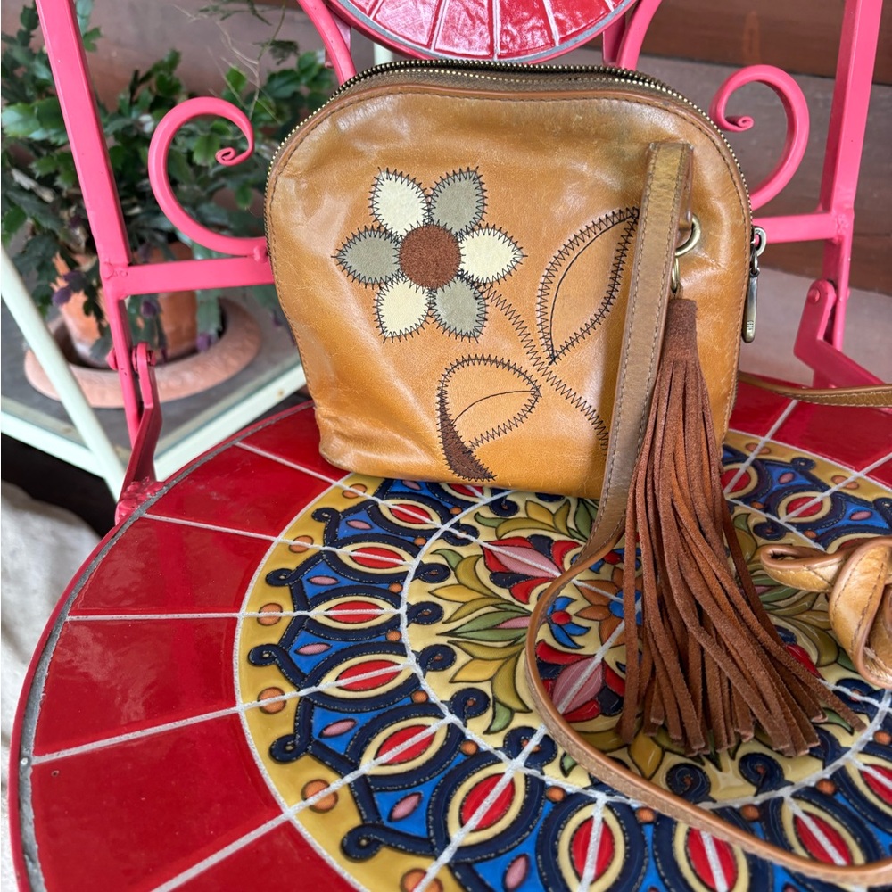 HOBO Mustard Leather Crossbody Bag with Floral Design